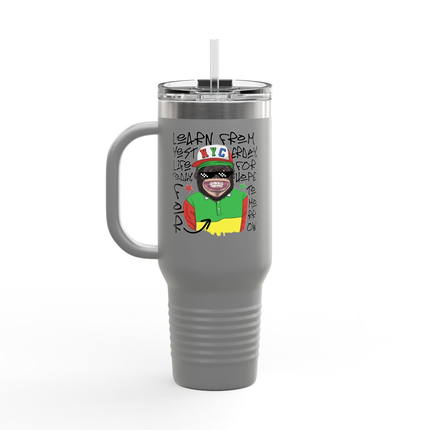 'Learn From Yesterday Life' With Monkey 40oz Insulated Travel Tumbler