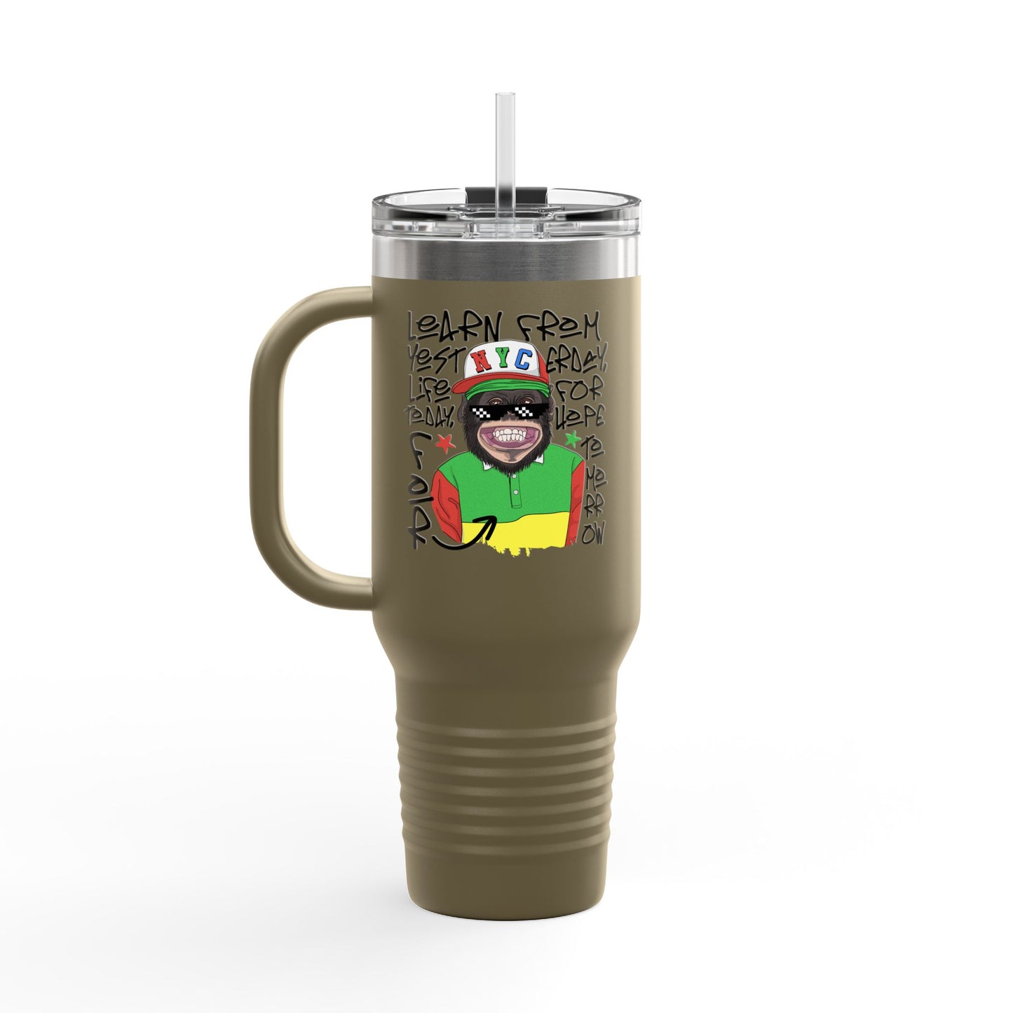 'Learn From Yesterday Life' With Monkey 40oz Insulated Travel Tumbler